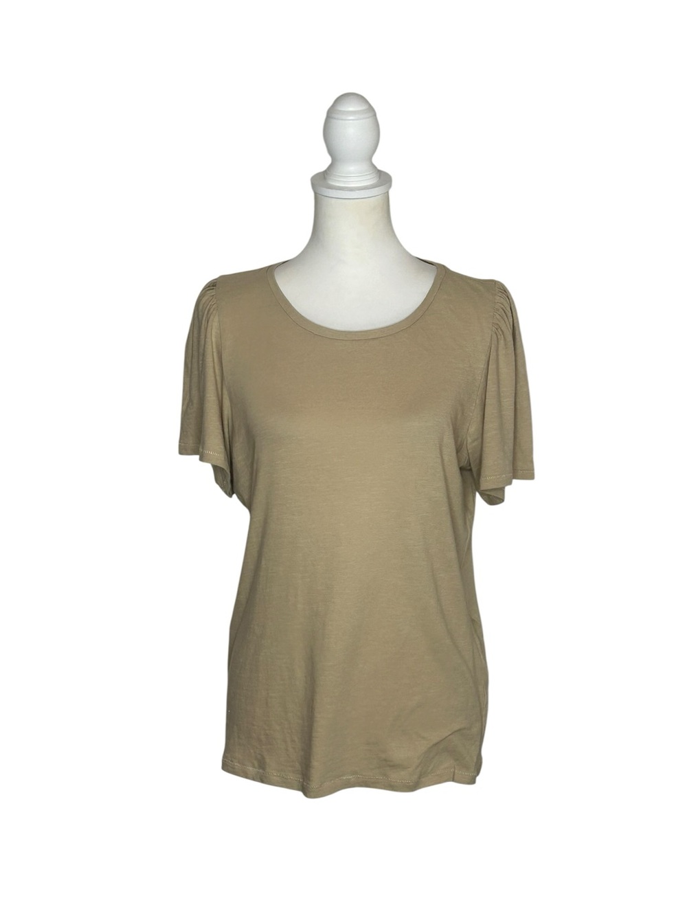 J. Crew Organic Slub Cotton Flutter Sleeve Tan Top EUC Sz M Minimalist Preppy